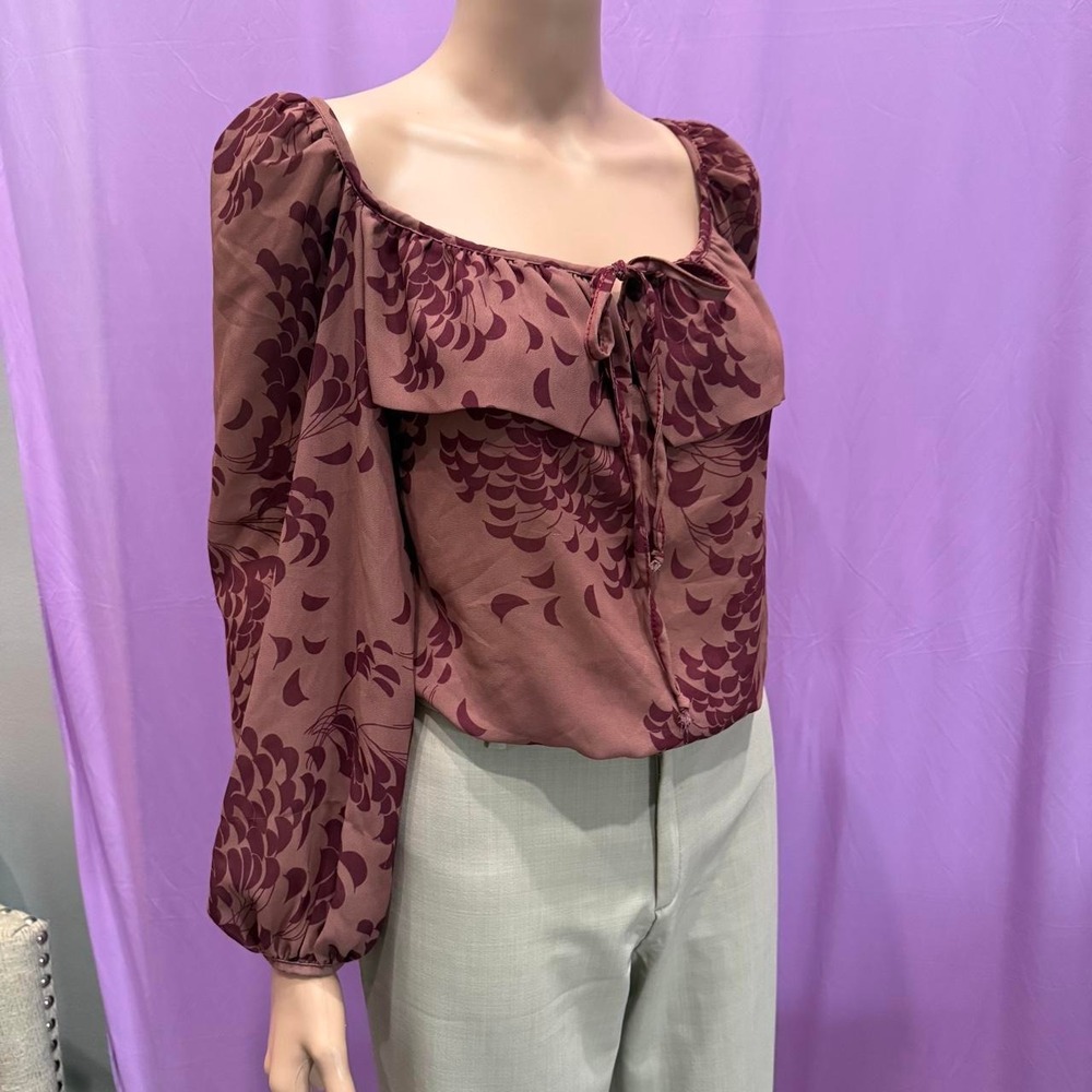 New Collection Italy Wine Floral Tie Front Puffy Sleeve Blouse Burgundy Brown